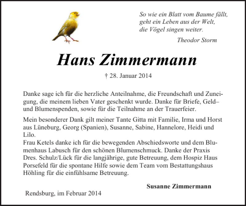  Traueranzeige für Hans Zimmermann vom 15.02.2014 aus Landeszeitung