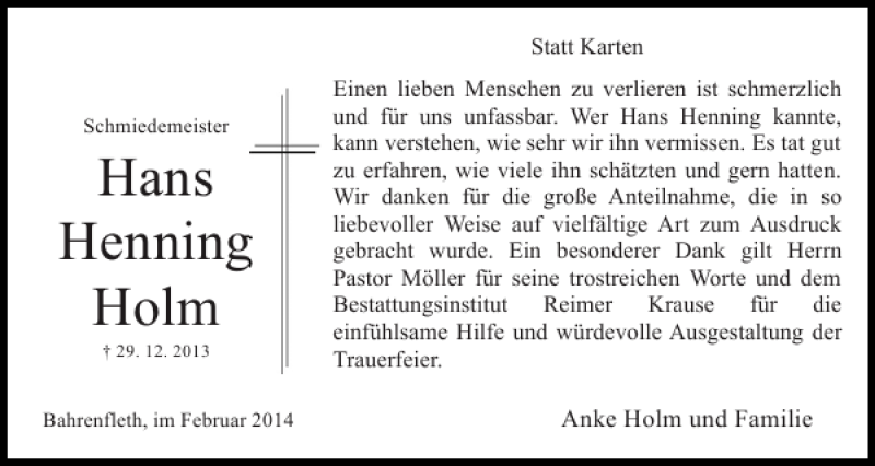  Traueranzeige für Hans Henning Holm vom 01.02.2014 aus Norddeutsche Rundschau