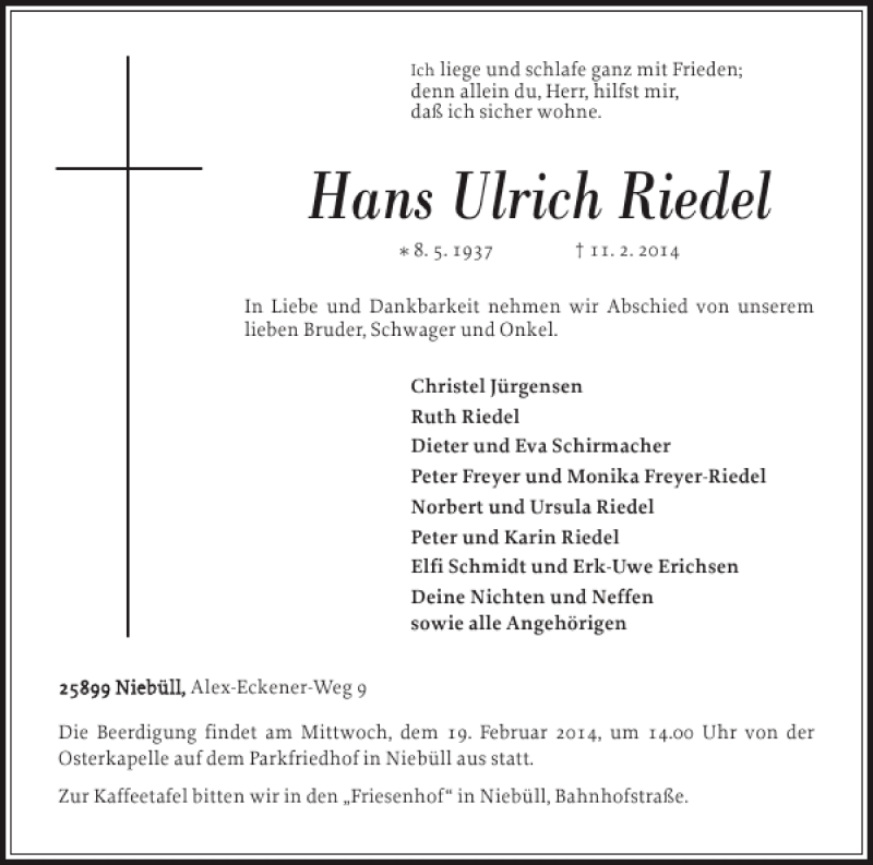  Traueranzeige für Hans Ulrich Riedel vom 15.02.2014 aus Nordfriesland Tageblatt