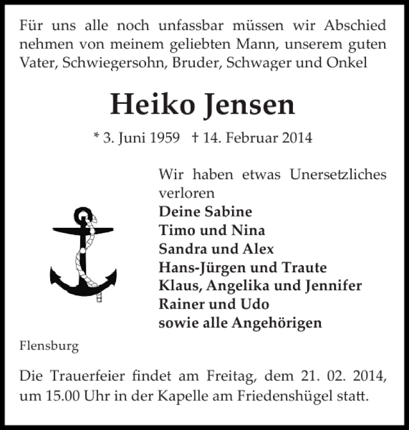  Traueranzeige für Heiko Jensen vom 17.02.2014 aus Flensburger Tageblatt