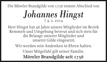 Traueranzeige von Johannes Hingst von Landeszeitung