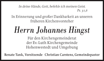 Traueranzeige von Johannes Hingst von Landeszeitung