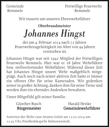 Traueranzeige von Johannes Hingst von Landeszeitung