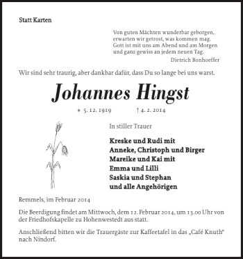 Traueranzeige von Johannes Hingst von Landeszeitung