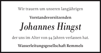 Traueranzeige von Johannes Hingst von Landeszeitung