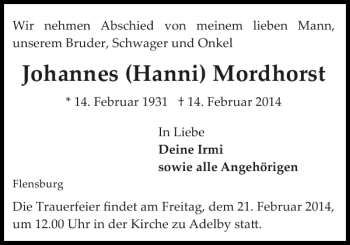 Traueranzeige von Johannes Hanni Mordhorst von Flensburger Tageblatt