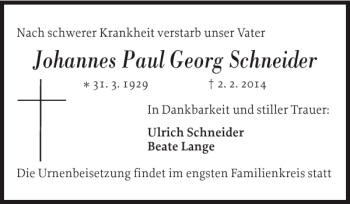 Traueranzeige von Johannes Paul Georg Schneider von Flensburger Tageblatt