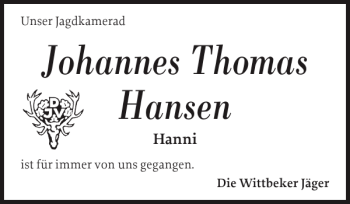Traueranzeige von Johannes Thomas Hansen von Husumer Nachrichten
