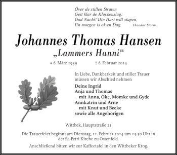 Traueranzeige von Johannes Thomas Hansen von Husumer Nachrichten
