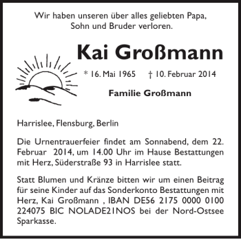 Traueranzeige von Kai Großmann von Flensburger Tageblatt