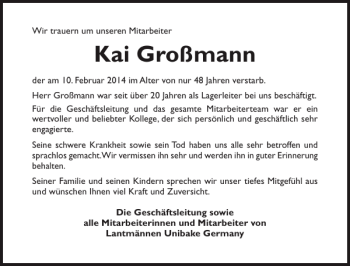 Traueranzeige von Kai Großmann von Flensburger Tageblatt