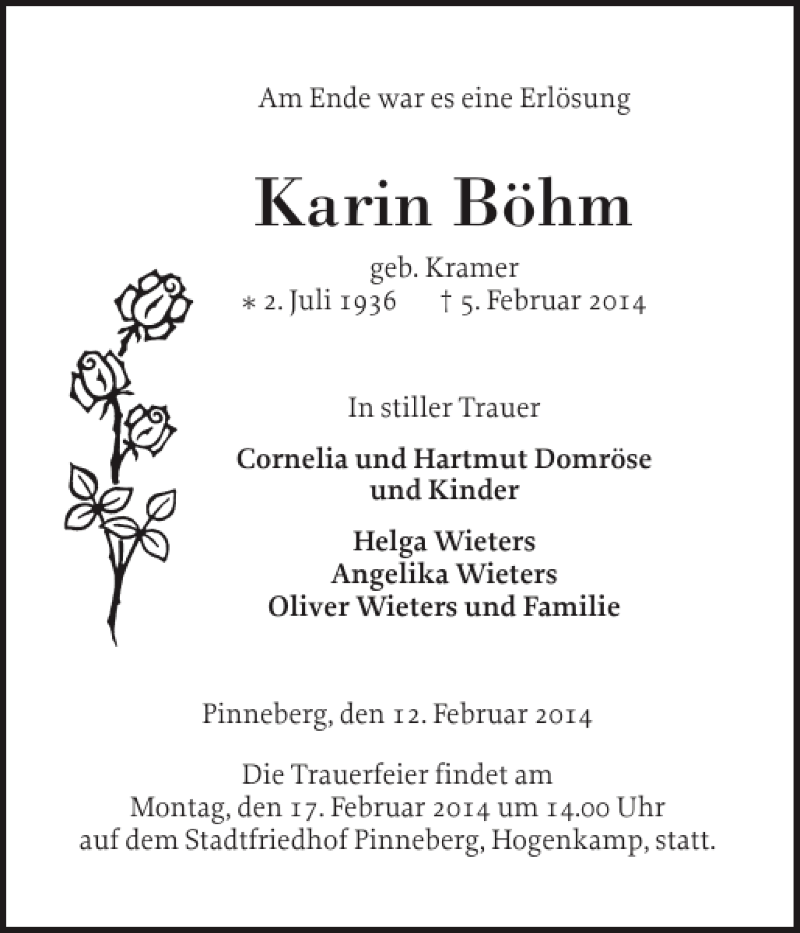  Traueranzeige für Karin Böhm vom 12.02.2014 aus Pinneberger Tageblatt