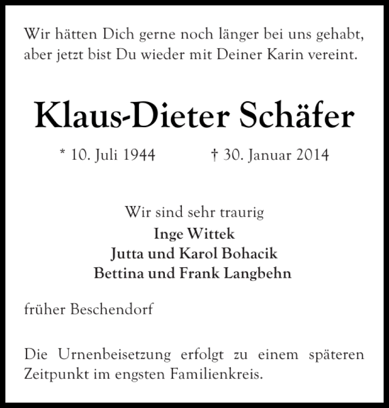  Traueranzeige für Klaus-Dieter Schäfer vom 05.02.2014 aus Ostholsteiner Anzeiger