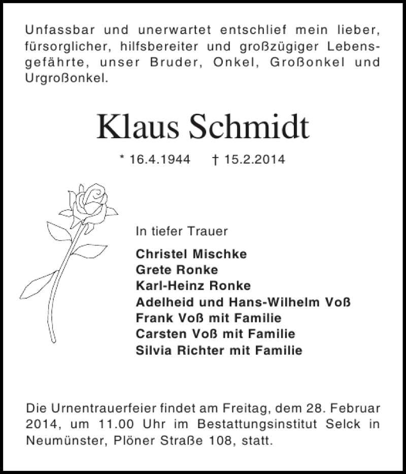  Traueranzeige für Klaus Schmidt vom 25.02.2014 aus Holsteinischer Courier