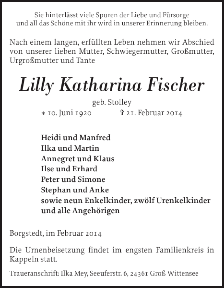  Traueranzeige für Lilly Katharina Fischer vom 27.02.2014 aus Schlei-Bote
