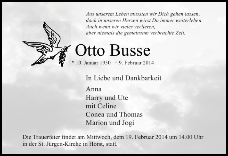  Traueranzeige für Otto Busse vom 15.02.2014 aus Elmshorner Nachrichten