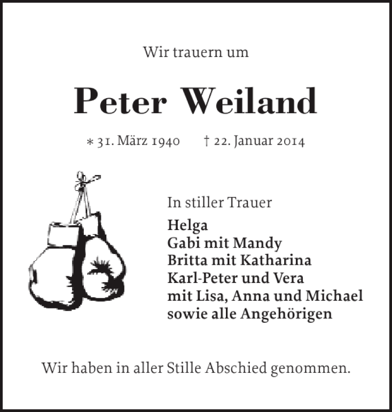  Traueranzeige für Peter Weiland vom 01.02.2014 aus Holsteinischer Courier