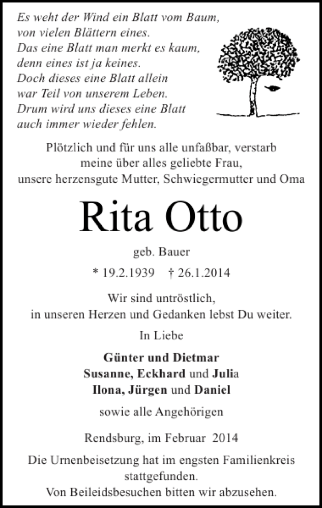 Traueranzeige für Rita Otto vom 08.02.2014 aus Landeszeitung