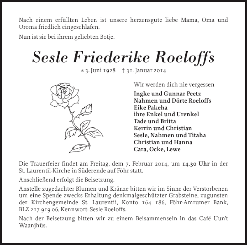  Traueranzeige für Sesle Friederike Roeloffs vom 03.02.2014 aus Der Insel-Bote