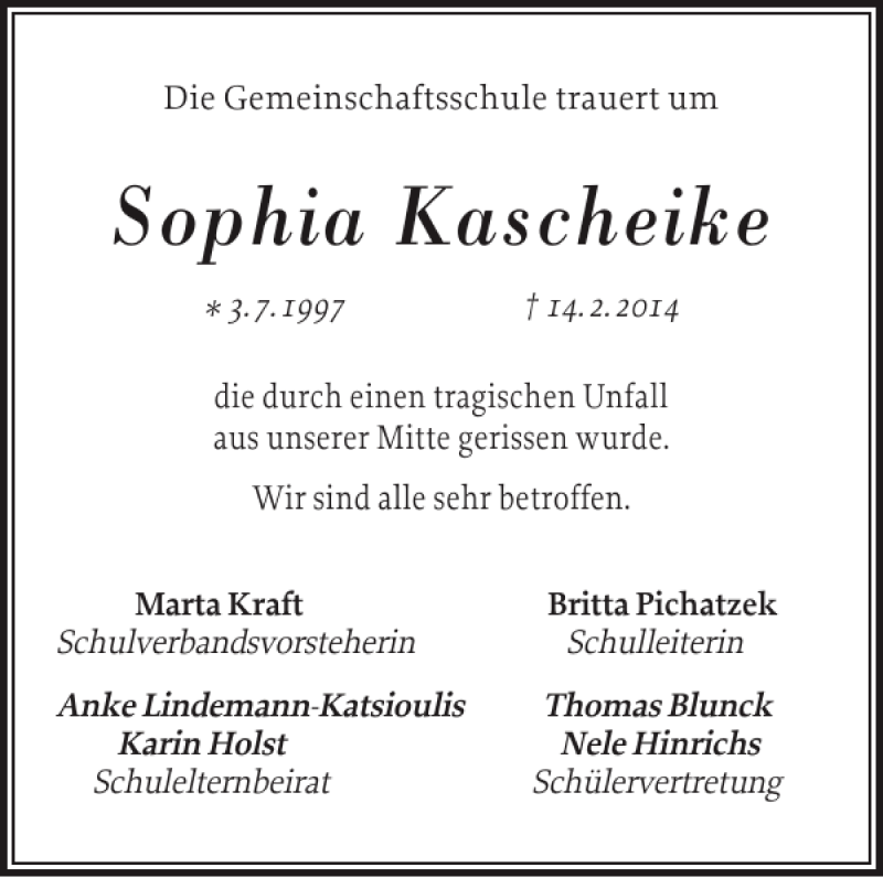  Traueranzeige für Sophia Kascheike vom 18.02.2014 aus Schlei-Bote