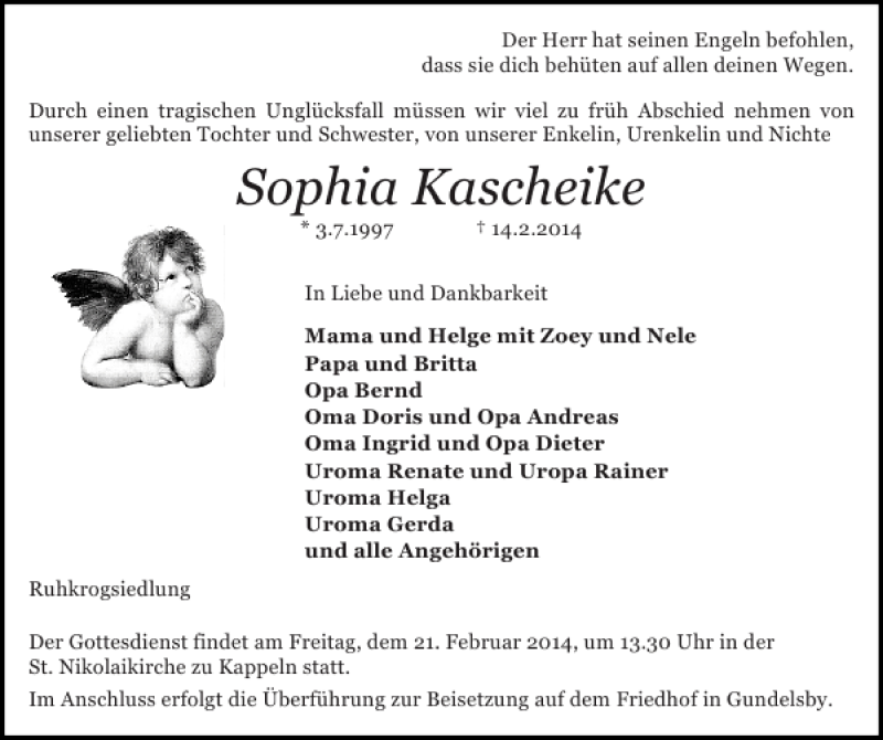  Traueranzeige für Sophia Kascheike vom 17.02.2014 aus Flensburger Tageblatt