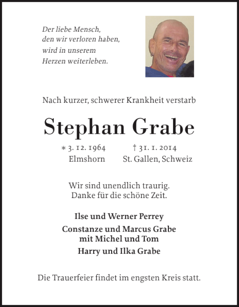  Traueranzeige für Stephan  vom 04.02.2014 aus Elmshorner Nachrichten