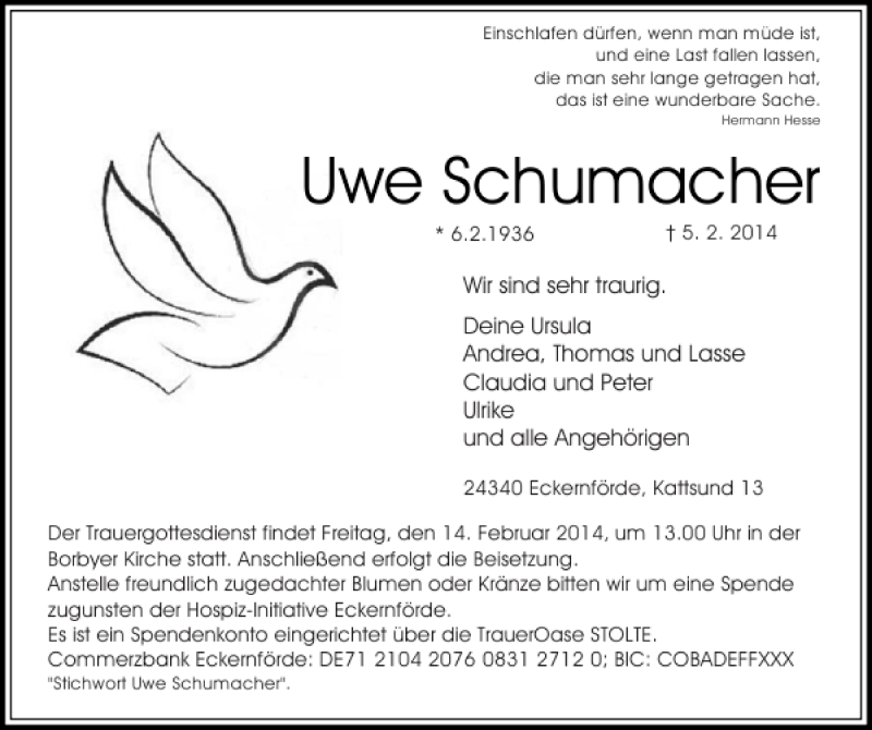  Traueranzeige für Uwe Schumacher vom 12.02.2014 aus Eckernförder Zeitung