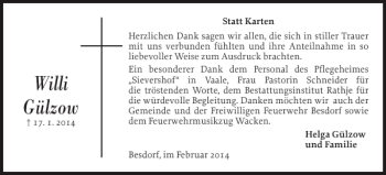 Traueranzeige von Willi Gülzow von Norddeutsche Rundschau