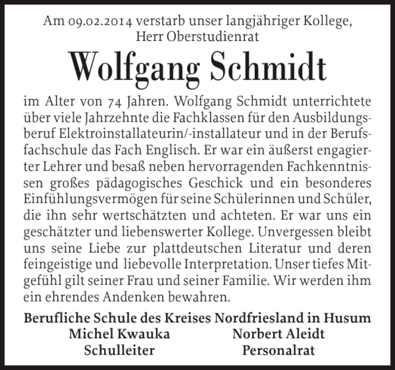  Traueranzeige für Wolfgang Schmidt vom 15.02.2014 aus Husumer Nachrichten