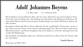 Traueranzeige von Adolf Johannes Boyens von Husumer Nachrichten