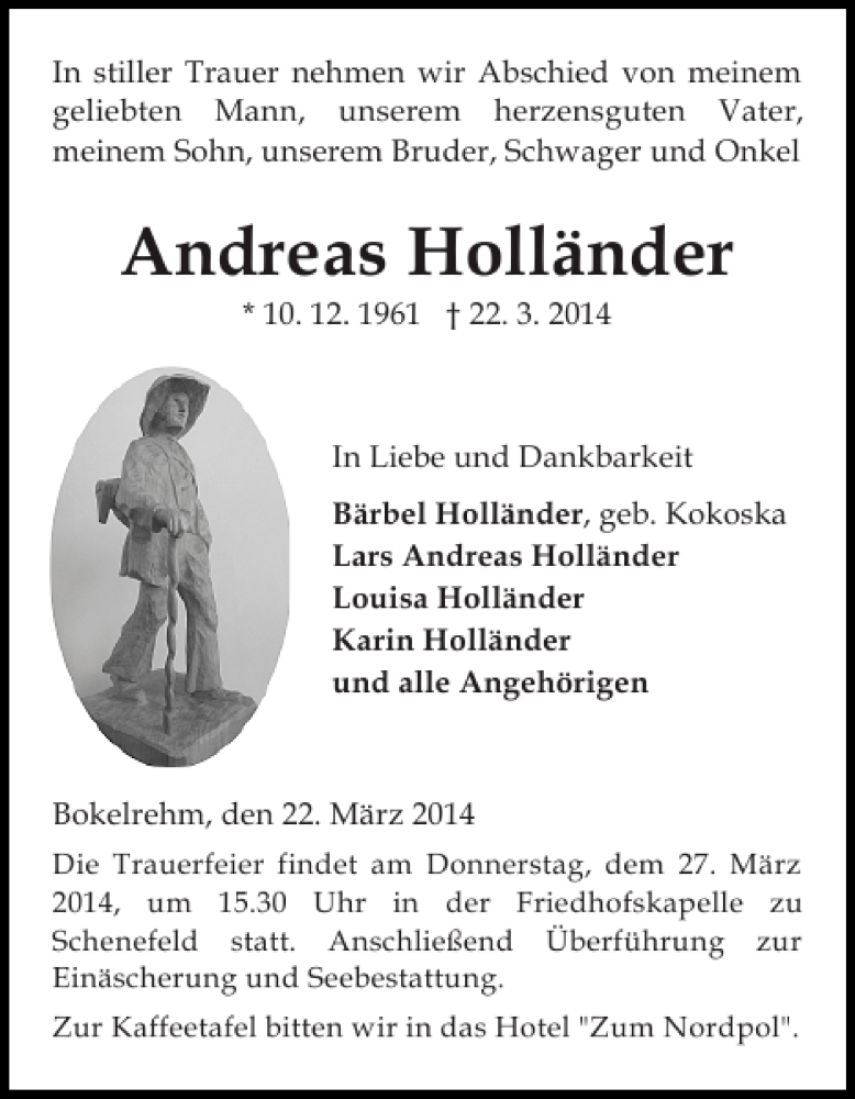 Traueranzeige für Andreas Holländer vom 25.03.2014 aus Norddeutsche Rundschau