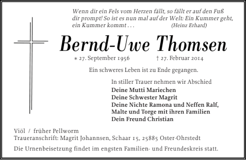  Traueranzeige für Bernd-Uwe Thomsen vom 04.03.2014 aus Husumer Nachrichten