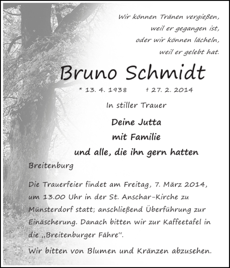  Traueranzeige für Bruno Schmidt vom 04.03.2014 aus Norddeutsche Rundschau