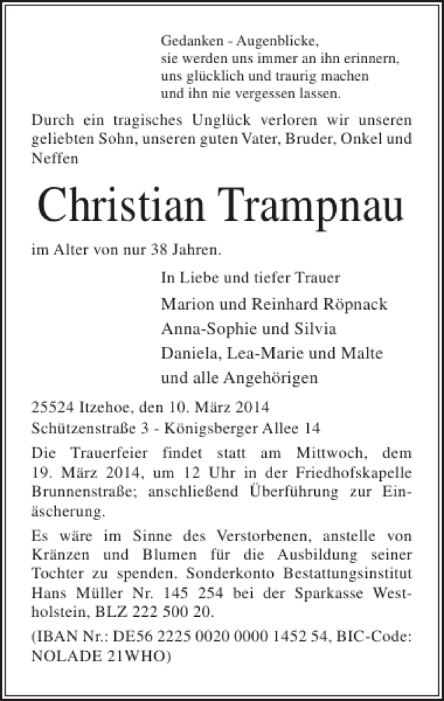  Traueranzeige für Christian Trampnau vom 15.03.2014 aus Norddeutsche Rundschau