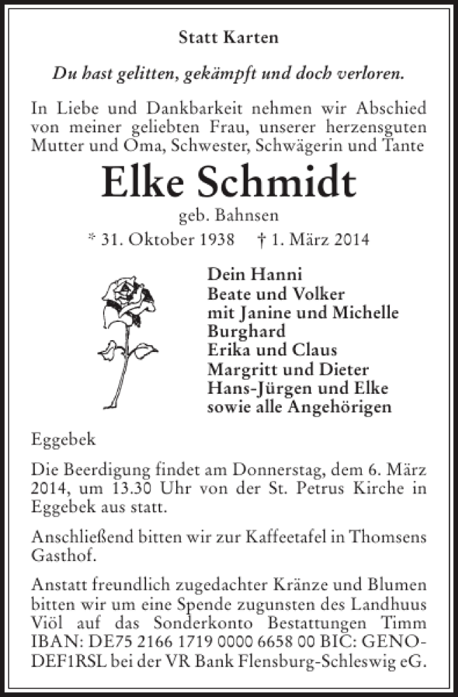  Traueranzeige für Elke Schmidt vom 04.03.2014 aus Flensburger Tageblatt