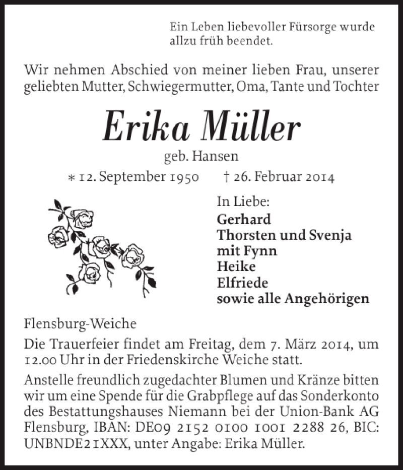  Traueranzeige für Erika Müller vom 05.03.2014 aus Flensburger Tageblatt