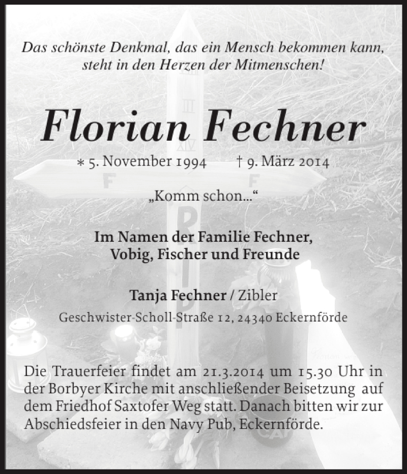  Traueranzeige für Florian Flechner vom 15.03.2014 aus Eckernförder Zeitung