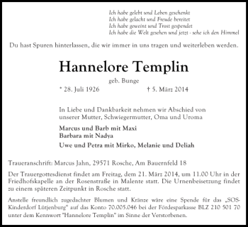 Traueranzeige von Hannelore Templin von Ostholsteiner Anzeiger