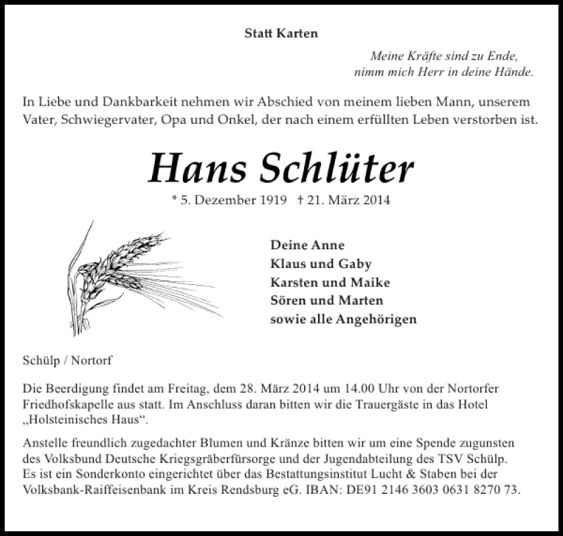  Traueranzeige für Hans Schlüter vom 24.03.2014 aus Landeszeitung