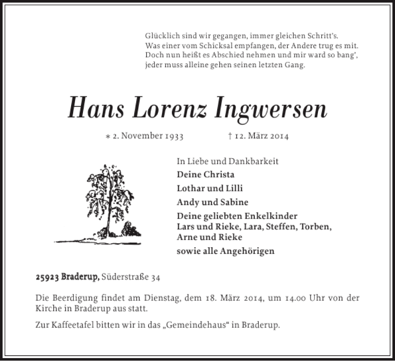  Traueranzeige für Hans Lorenz Ingwersen vom 15.03.2014 aus Nordfriesland Tageblatt