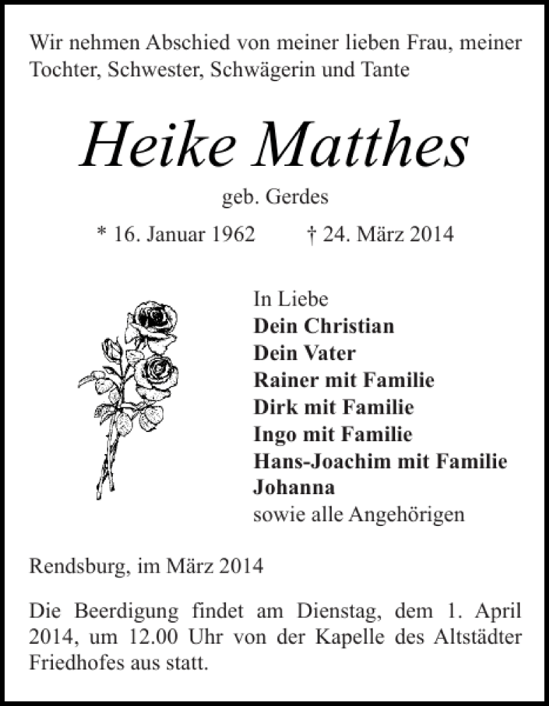  Traueranzeige für Heike Matthes vom 28.03.2014 aus Landeszeitung