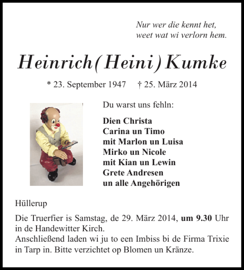  Traueranzeige für Heinrich Heini Kumke vom 27.03.2014 aus Flensburger Tageblatt