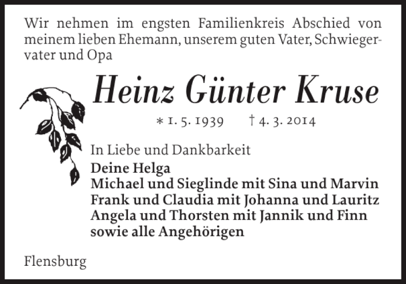  Traueranzeige für Heinz Günter Kruse vom 06.03.2014 aus Flensburger Tageblatt