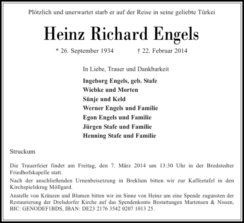  Traueranzeige für Heinz Richard Engels vom 04.03.2014 aus Husumer Nachrichten