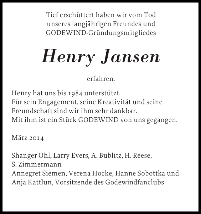  Traueranzeige für Henry Jansen vom 15.03.2014 aus Husumer Nachrichten