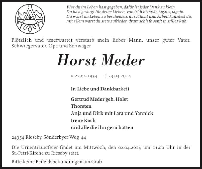  Traueranzeige für Horst Meder vom 26.03.2014 aus Eckernförder Zeitung
