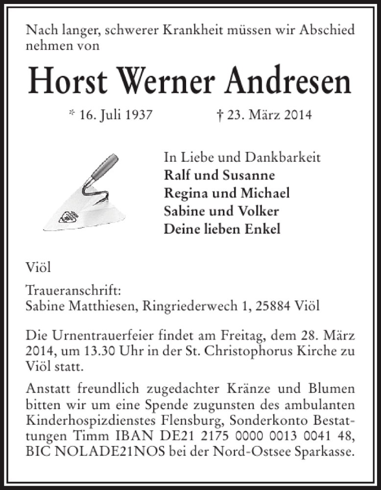  Traueranzeige für Horst Werner Andresen vom 26.03.2014 aus Husumer Nachrichten