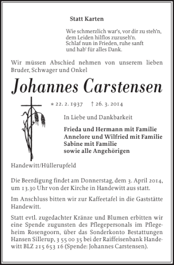 Traueranzeige von Johannes Carstensen von Flensburger Tageblatt