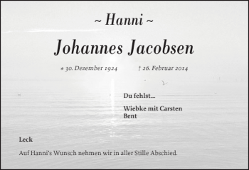Traueranzeige von Johannes Jacobsen von Flensburger Tageblatt