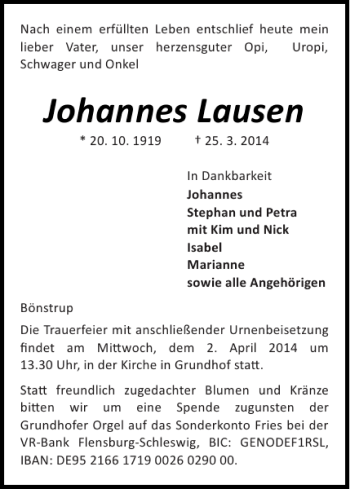 Traueranzeige von Johannes Lausen von Flensburger Tageblatt